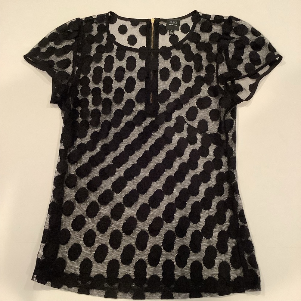 Black Saks Fifth Avenue Sheer Black Short Sleeve Blouse Top Polka Dots Size 4